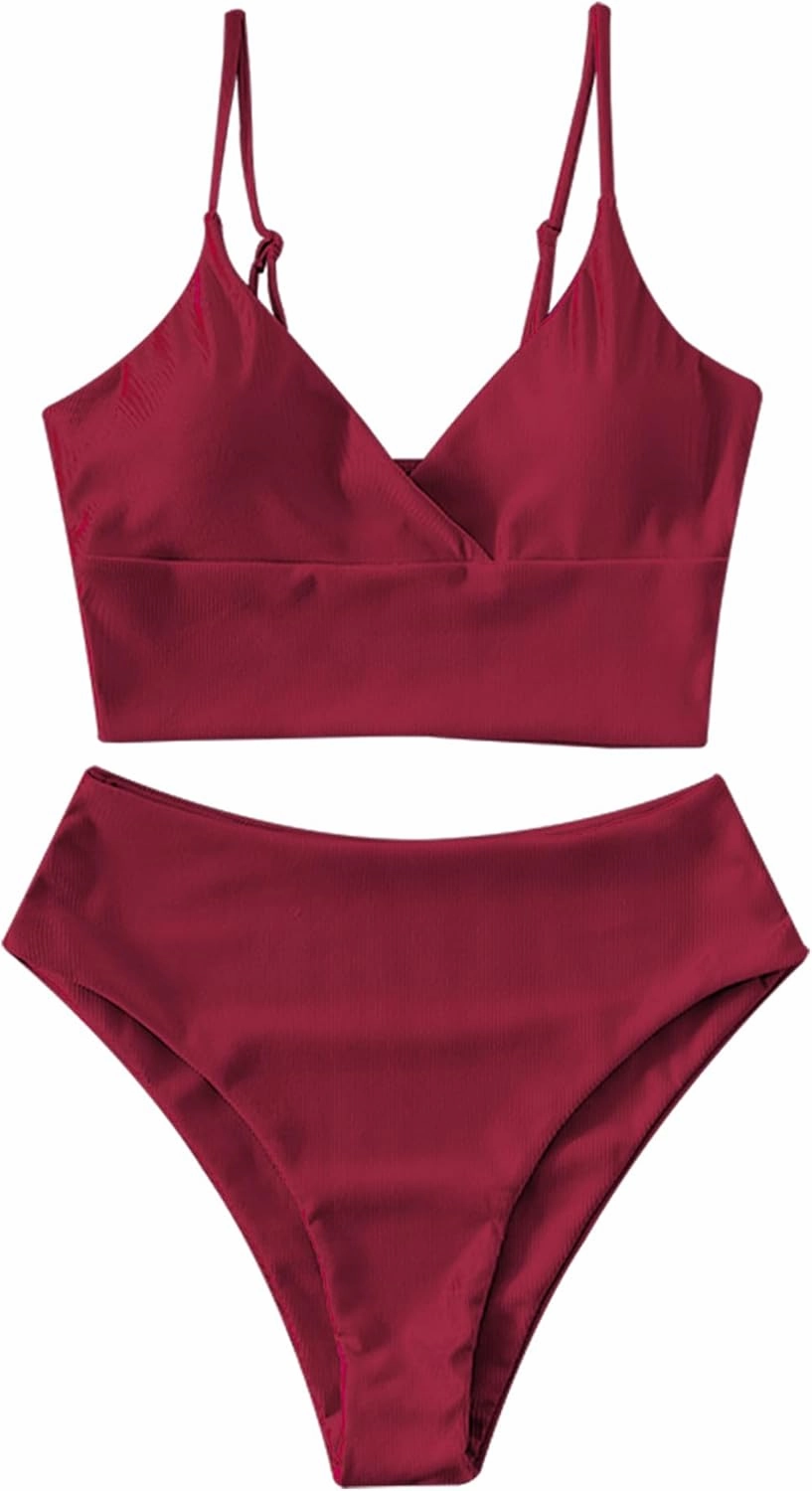 ZAFUL Women Tankini Set, Ribbed High Cut Surplice Swimsuit Bathing Suit with Spaghetti Straps