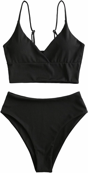 ZAFUL Women Tankini Set, Ribbed High Cut Surplice Swimsuit Bathing Suit with Spaghetti Straps