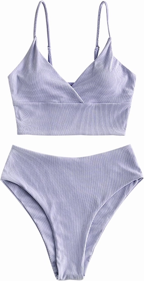 ZAFUL Women Tankini Set, Ribbed High Cut Surplice Swimsuit Bathing Suit with Spaghetti Straps