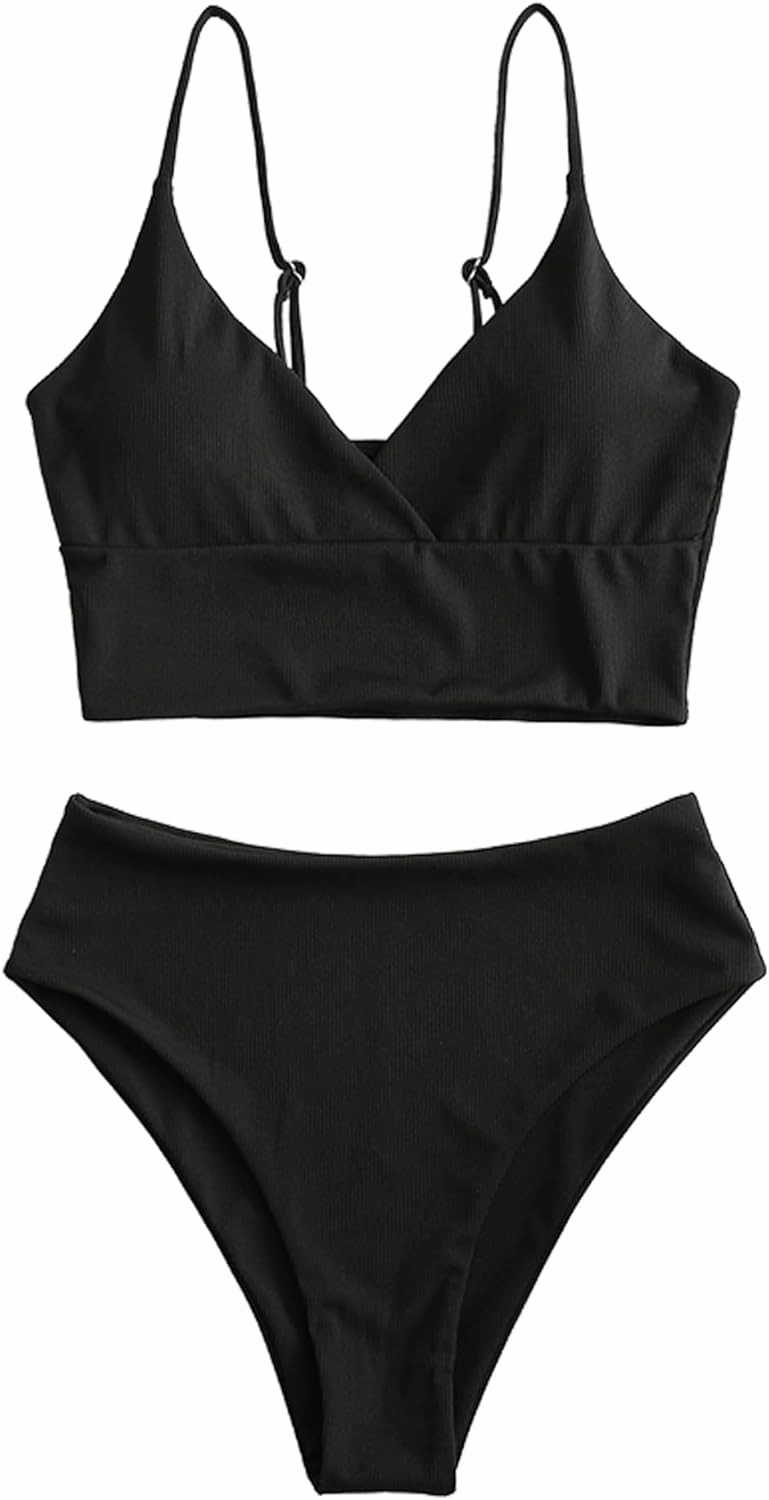ZAFUL Women Tankini Set, Ribbed High Cut Surplice Swimsuit Bathing Suit with Spaghetti Straps