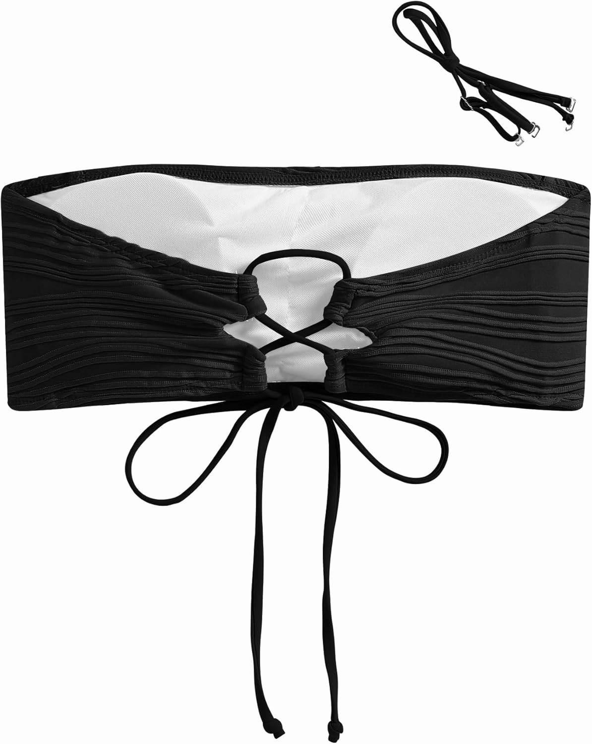 ZAFUL Women Textured Bandeau Bikini Top Lace up Strapless Swimsuit Solid Color High Cut Bathing Suits Top Only