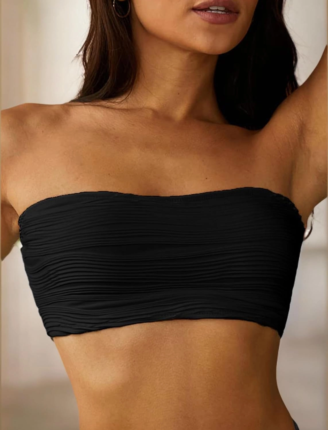 ZAFUL Women Textured Bandeau Bikini Top Lace up Strapless Swimsuit Solid Color High Cut Bathing Suits Top Only