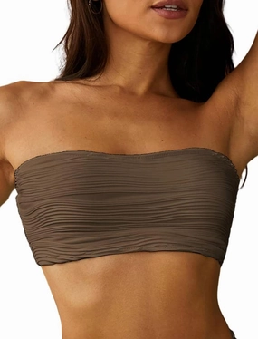 ZAFUL Women Textured Bandeau Bikini Top Lace up Strapless Swimsuit Solid Color High Cut Bathing Suits Top Only