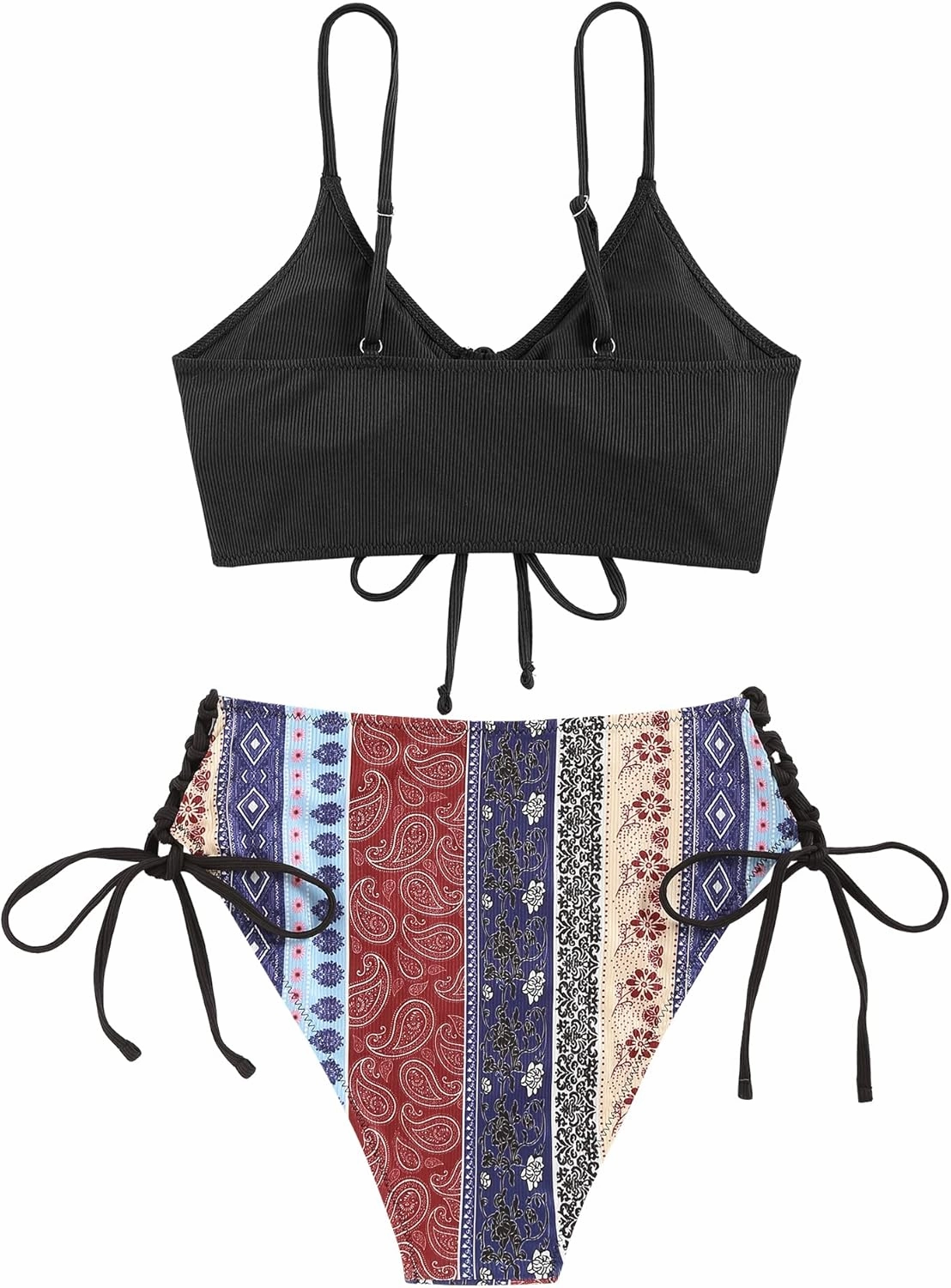 ZAFUL Women V Neck Bikini Set Ruched Tie Front High Waisted Floral Print Ribbed 2 Piece Bathing Suit Swimsuits