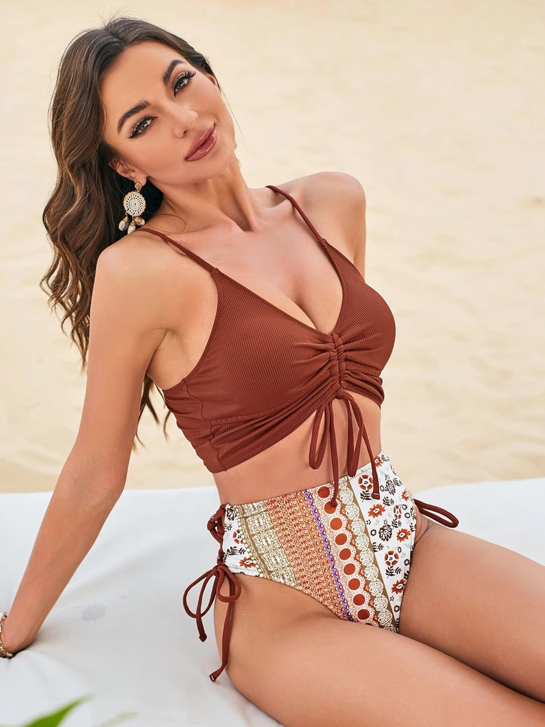 ZAFUL Women V Neck Bikini Set Ruched Tie Front High Waisted Floral Print Ribbed 2 Piece Bathing Suit Swimsuits