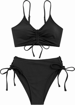 ZAFUL Women V Neck Bikini Set Ruched Tie Front High Waisted Floral Print Ribbed 2 Piece Bathing Suit Swimsuits