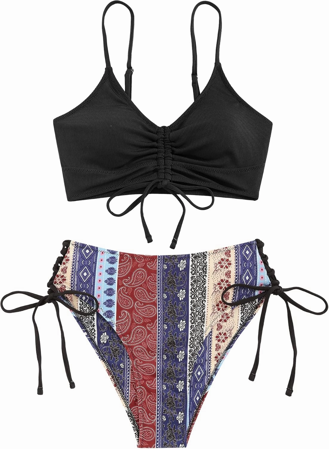 ZAFUL Women V Neck Bikini Set Ruched Tie Front High Waisted Floral Print Ribbed 2 Piece Bathing Suit Swimsuits