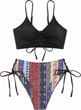 ZAFUL Women V Neck Bikini Set Ruched Tie Front High Waisted Floral Print Ribbed 2 Piece Bathing Suit Swimsuits