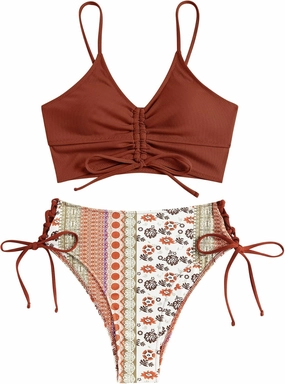 ZAFUL Women V Neck Bikini Set Ruched Tie Front High Waisted Floral Print Ribbed 2 Piece Bathing Suit Swimsuits