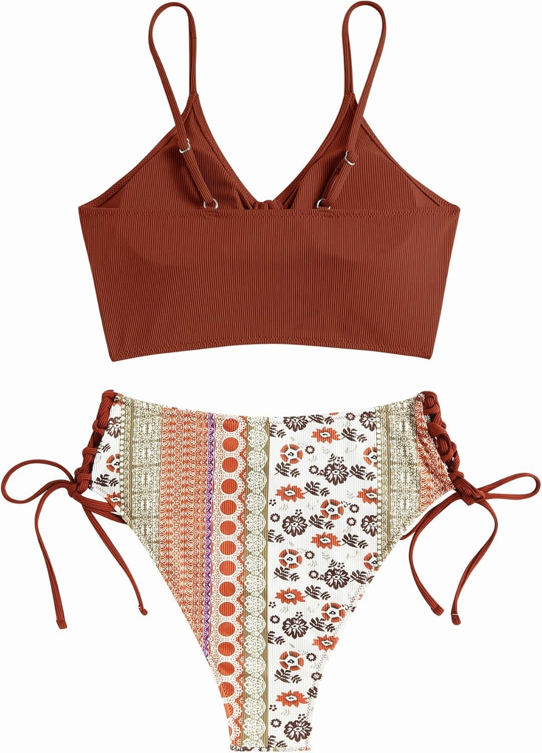 ZAFUL Women V Neck Bikini Set Ruched Tie Front High Waisted Floral Print Ribbed 2 Piece Bathing Suit Swimsuits