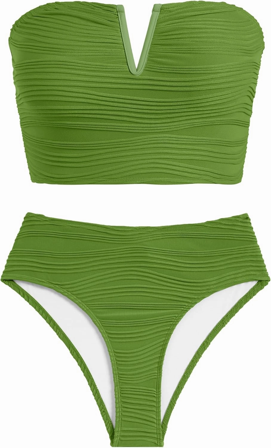 ZAFUL Womens Bandeau Bikini Set Strapless Textured Two Piece Lace up Bathing Suits High Waisted V-Neck Swimsuits