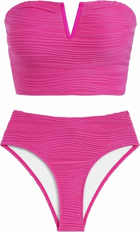 ZAFUL Womens Bandeau Bikini Set Strapless Textured Two Piece Lace up Bathing Suits High Waisted V-Neck Swimsuits