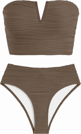 ZAFUL Womens Bandeau Bikini Set Strapless Textured Two Piece Lace up Bathing Suits High Waisted V-Neck Swimsuits