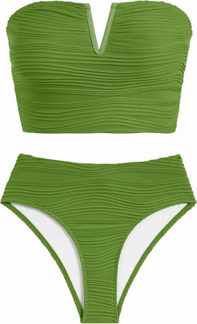 ZAFUL Womens Bandeau Bikini Set Strapless Textured Two Piece Lace up Bathing Suits High Waisted V-Neck Swimsuits