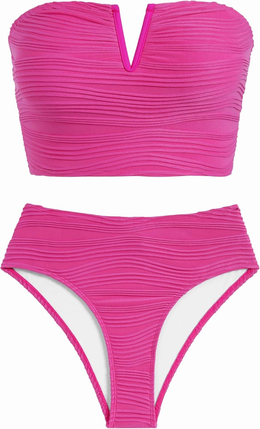 ZAFUL Womens Bandeau Bikini Set Strapless Textured Two Piece Lace up Bathing Suits High Waisted V-Neck Swimsuits