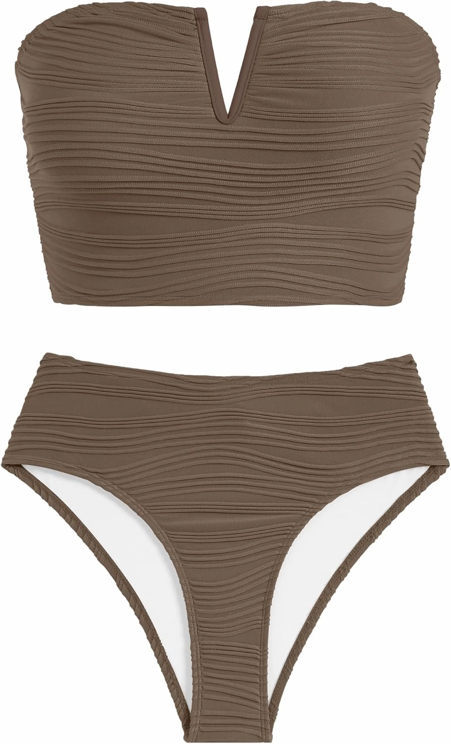 ZAFUL Womens Bandeau Bikini Set Strapless Textured Two Piece Lace up Bathing Suits High Waisted V-Neck Swimsuits