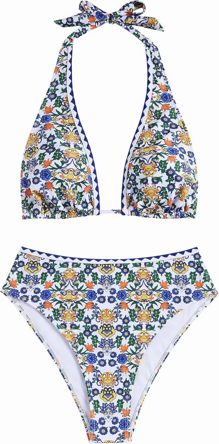 ZAFUL Womens High Waisted Bikini Sets Halter Floral Shell Stitch 2 Piece Swimsuits V Neck Tummy Control Bathing Suits