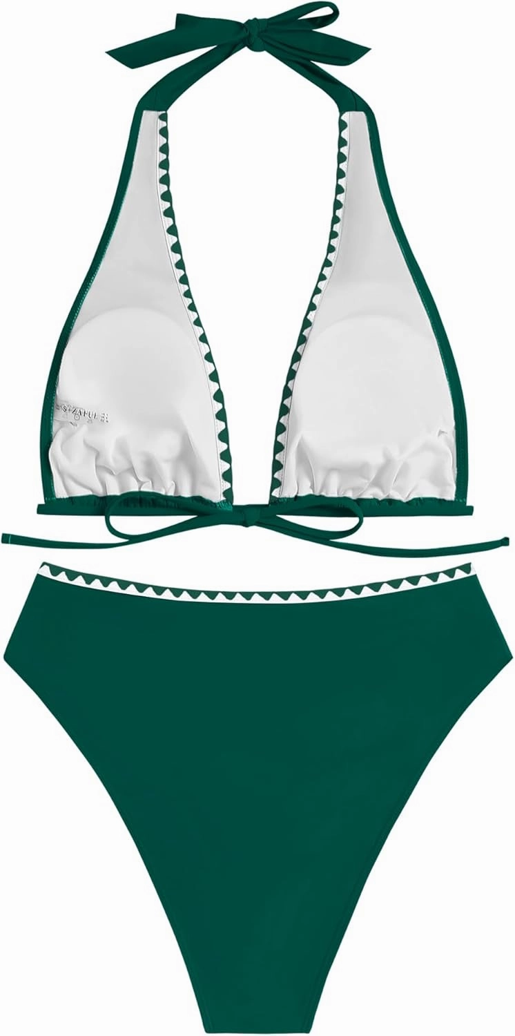 ZAFUL Womens High Waisted Bikini Sets Halter Floral Shell Stitch 2 Piece Swimsuits V Neck Tummy Control Bathing Suits