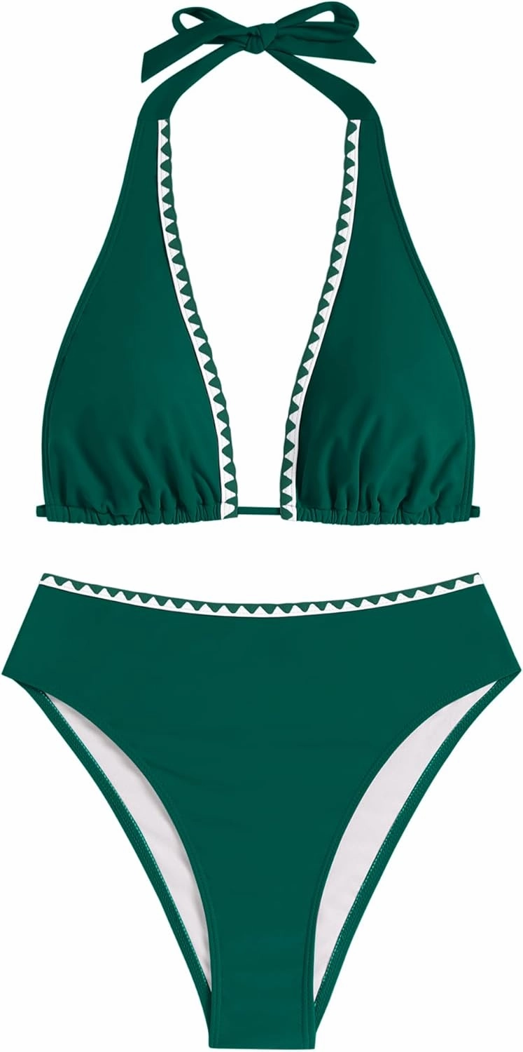 ZAFUL Womens High Waisted Bikini Sets Halter Floral Shell Stitch 2 Piece Swimsuits V Neck Tummy Control Bathing Suits