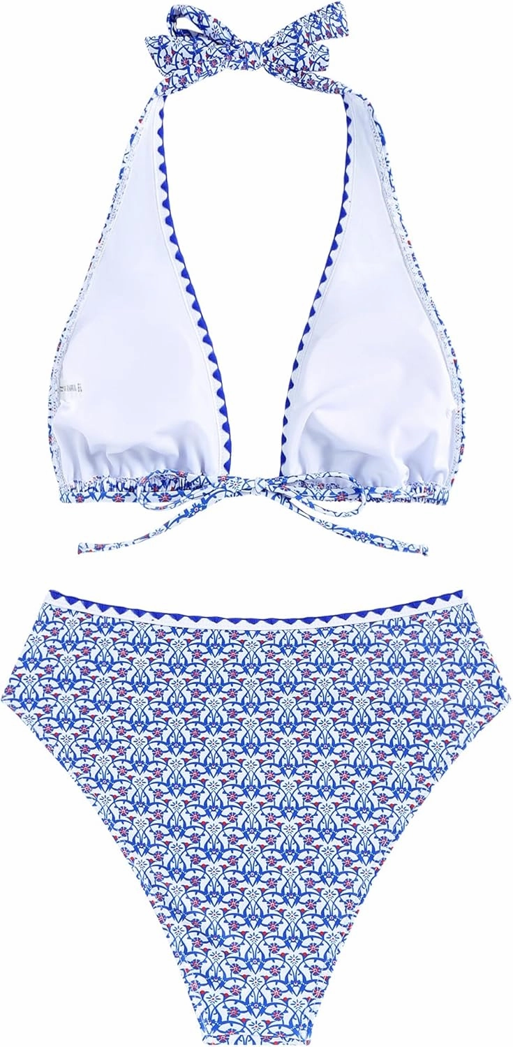 ZAFUL Womens High Waisted Bikini Sets Halter Floral Shell Stitch 2 Piece Swimsuits V Neck Tummy Control Bathing Suits