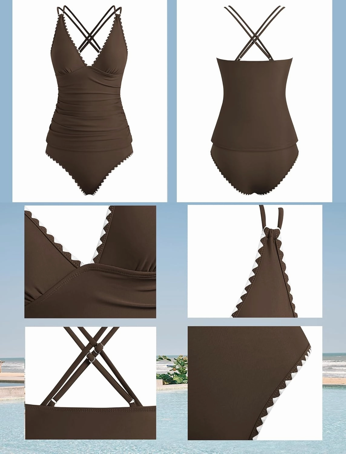 ZAFUL Womens Tankini Swimsuits V Neck Push Up Swim Top Color Block Tummy Control High Waisted Bathing Suits Swim Bottom