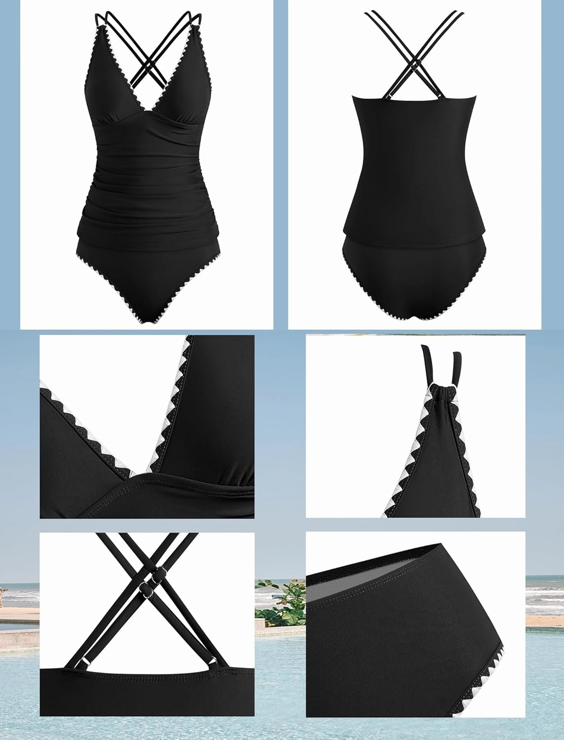 ZAFUL Womens Tankini Swimsuits V Neck Push Up Swim Top Color Block Tummy Control High Waisted Bathing Suits Swim Bottom