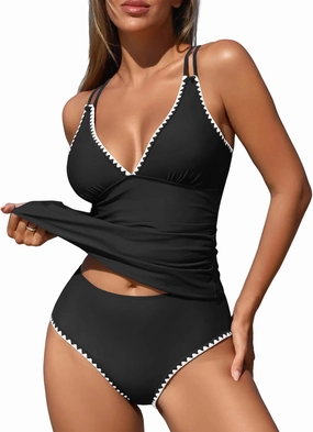 ZAFUL Womens Tankini Swimsuits V Neck Push Up Swim Top Color Block Tummy Control High Waisted Bathing Suits Swim Bottom