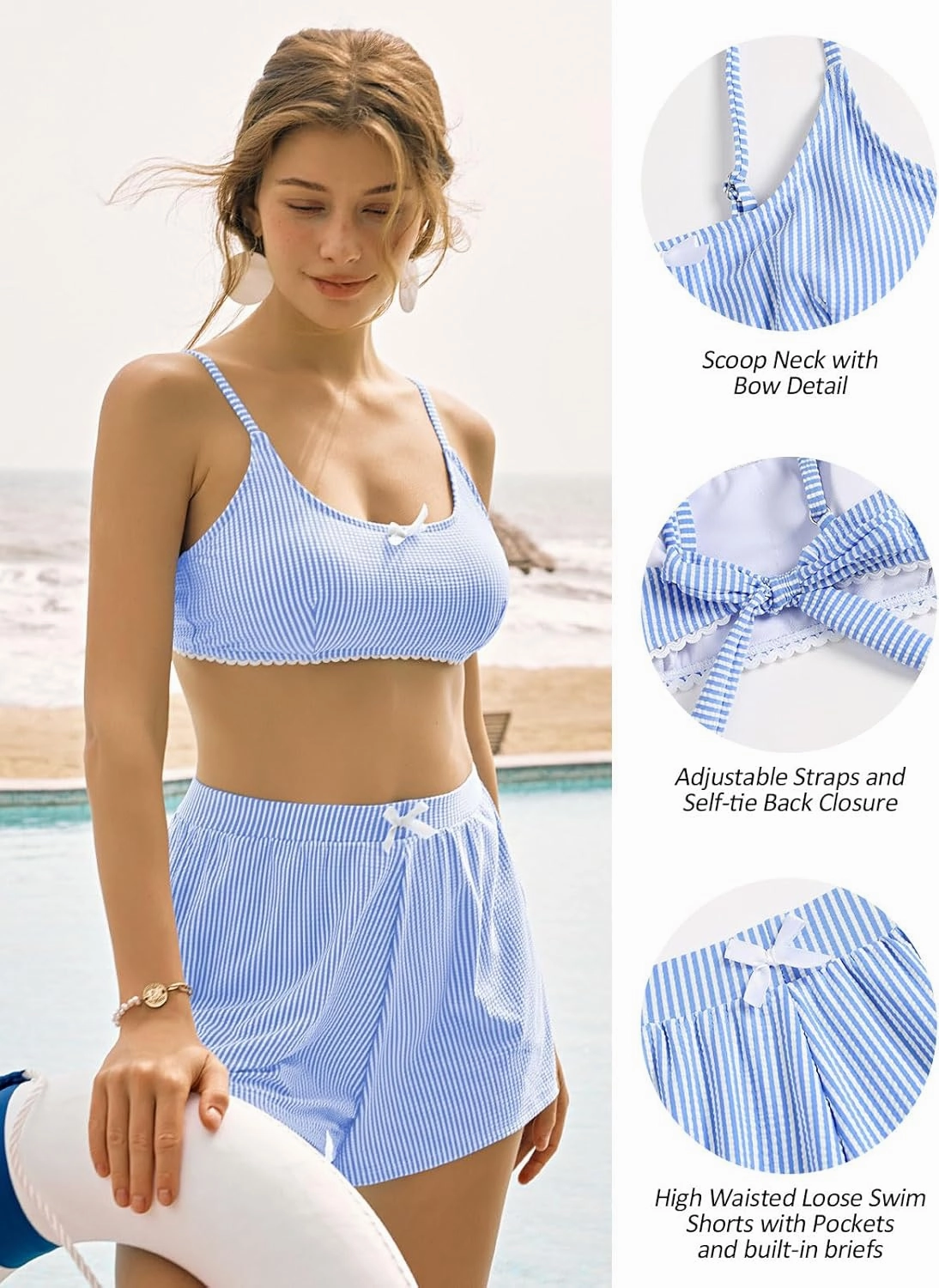 ZAFUL Womens Two Piece Swimsuits with Shorts Cute Striped Bikini Sets Casual Vacation Swimwear