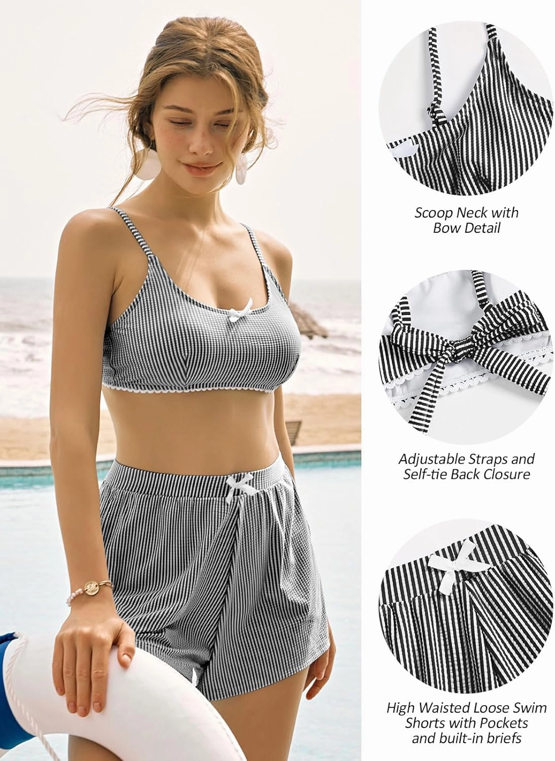 ZAFUL Womens Two Piece Swimsuits with Shorts Cute Striped Bikini Sets Casual Vacation Swimwear