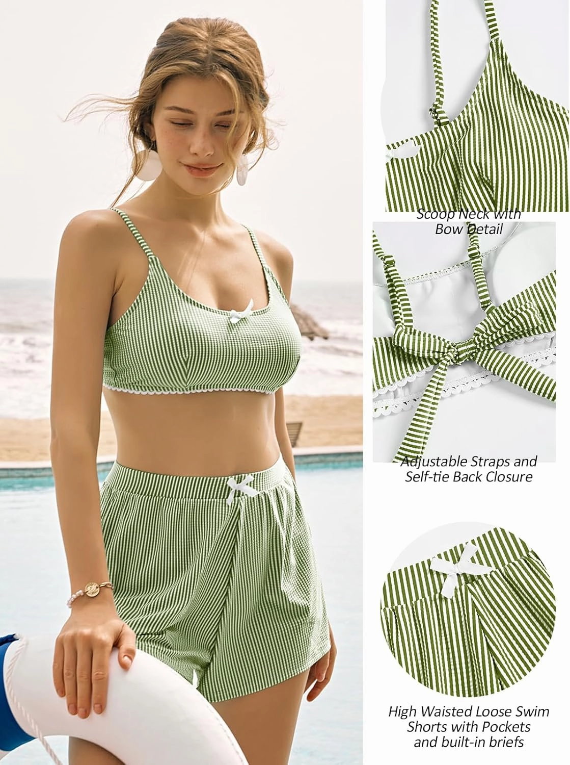 ZAFUL Womens Two Piece Swimsuits with Shorts Cute Striped Bikini Sets Casual Vacation Swimwear