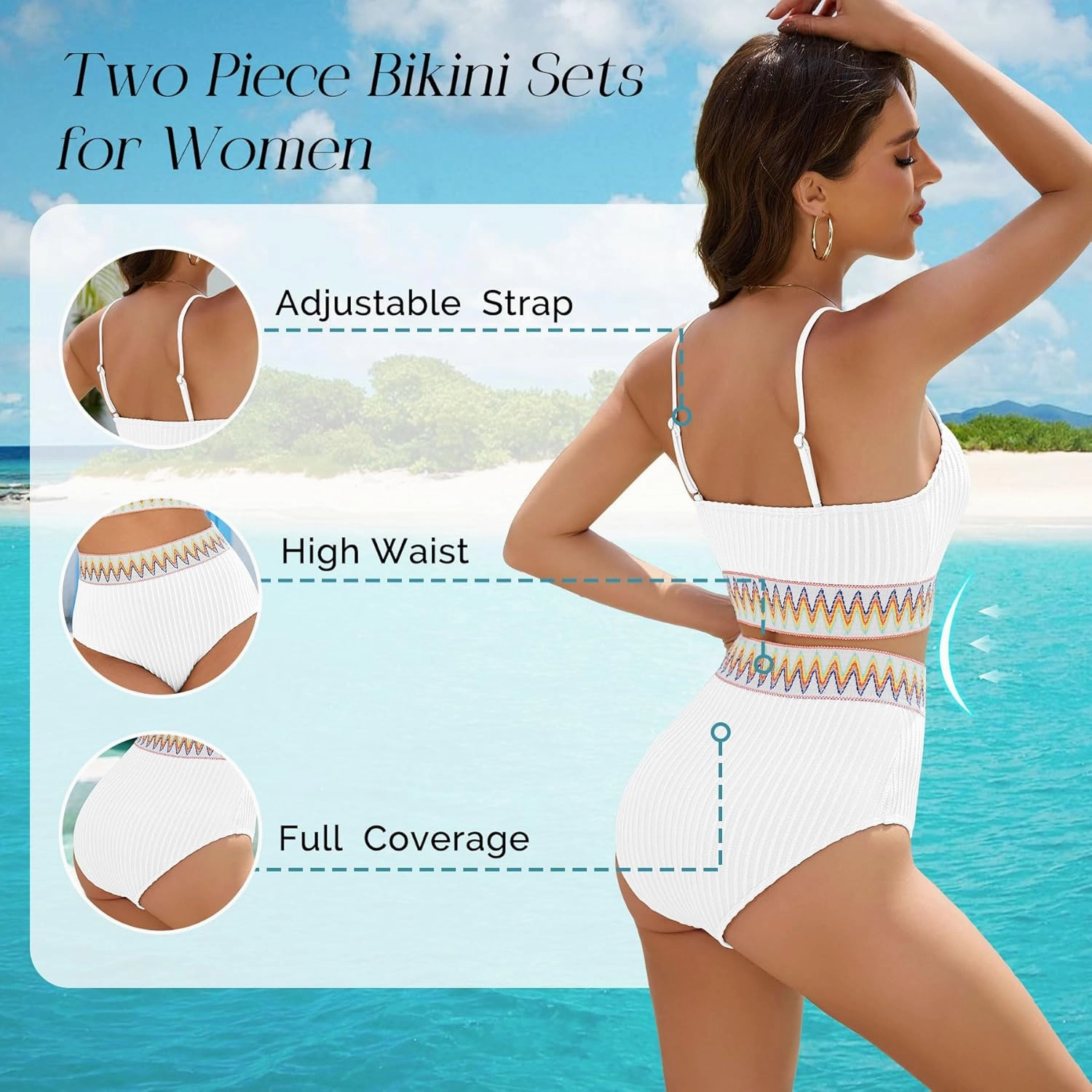 Zando High Waisted Bikini Sets for Women 2025 Ribbed 2 Piece Tummy Control Swimsuits Adjustable Color Block Bathing Suit