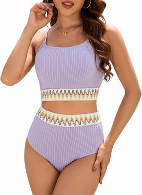 Zando High Waisted Bikini Sets for Women 2025 Ribbed 2 Piece Tummy Control Swimsuits Adjustable Color Block Bathing Suit