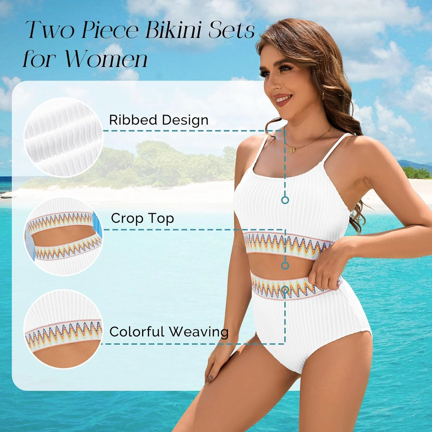 Zando High Waisted Bikini Sets for Women 2025 Ribbed 2 Piece Tummy Control Swimsuits Adjustable Color Block Bathing Suit