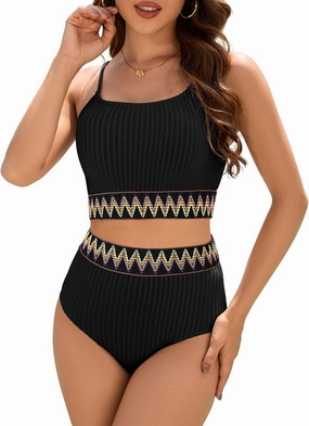 Zando High Waisted Bikini Sets for Women 2025 Ribbed 2 Piece Tummy Control Swimsuits Adjustable Color Block Bathing Suit