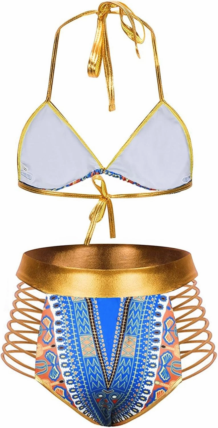 Zando Women Tribal Print Bikini African Metallic Swimsuit Two Piece Beachwear Cutout Halter Neck Bathing Suit Swimwear