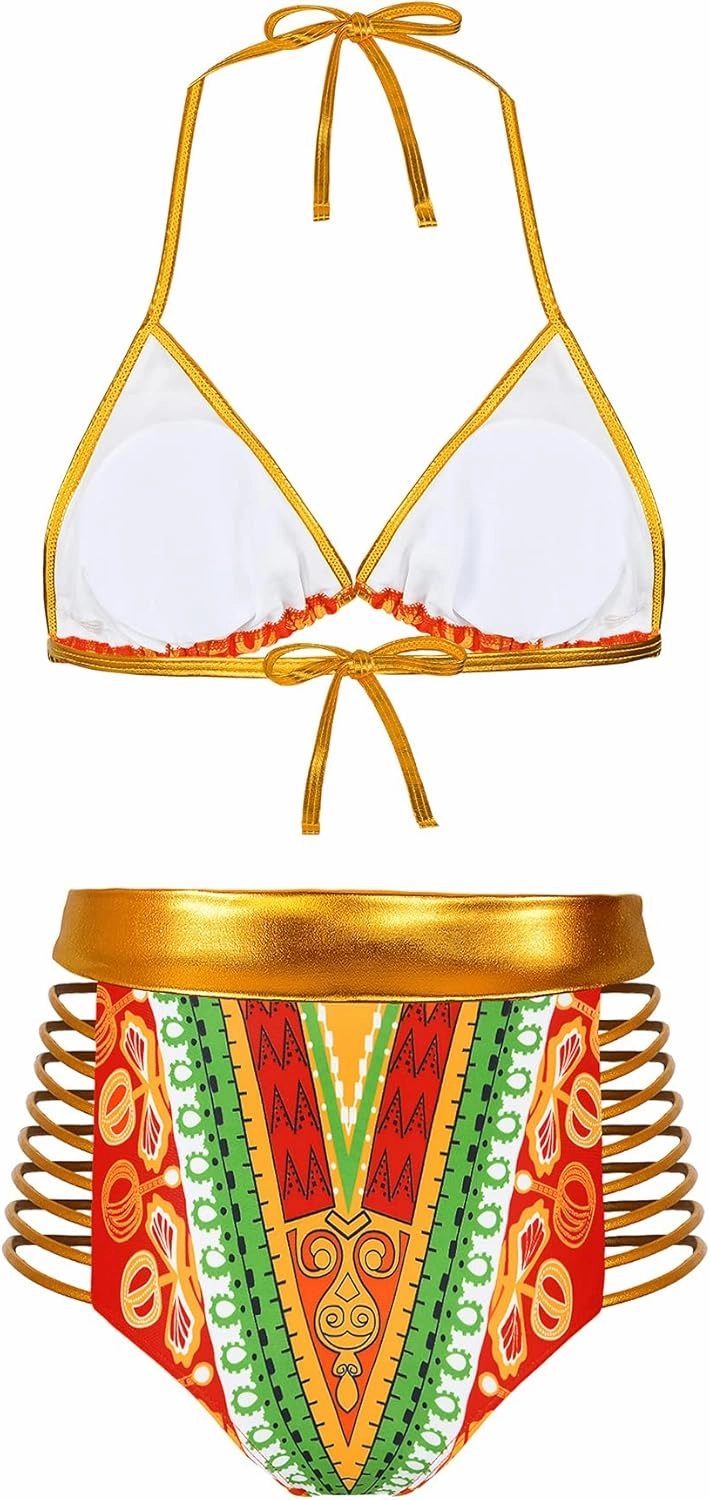 Zando Women Tribal Print Bikini African Metallic Swimsuit Two Piece Beachwear Cutout Halter Neck Bathing Suit Swimwear