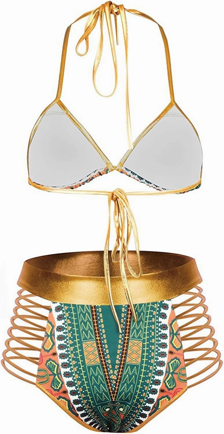 Zando Women Tribal Print Bikini African Metallic Swimsuit Two Piece Beachwear Cutout Halter Neck Bathing Suit Swimwear