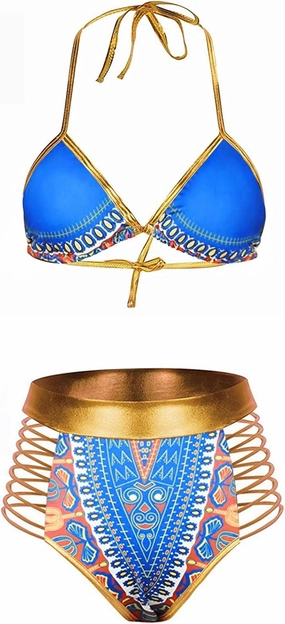 Zando Women Tribal Print Bikini African Metallic Swimsuit Two Piece Beachwear Cutout Halter Neck Bathing Suit Swimwear