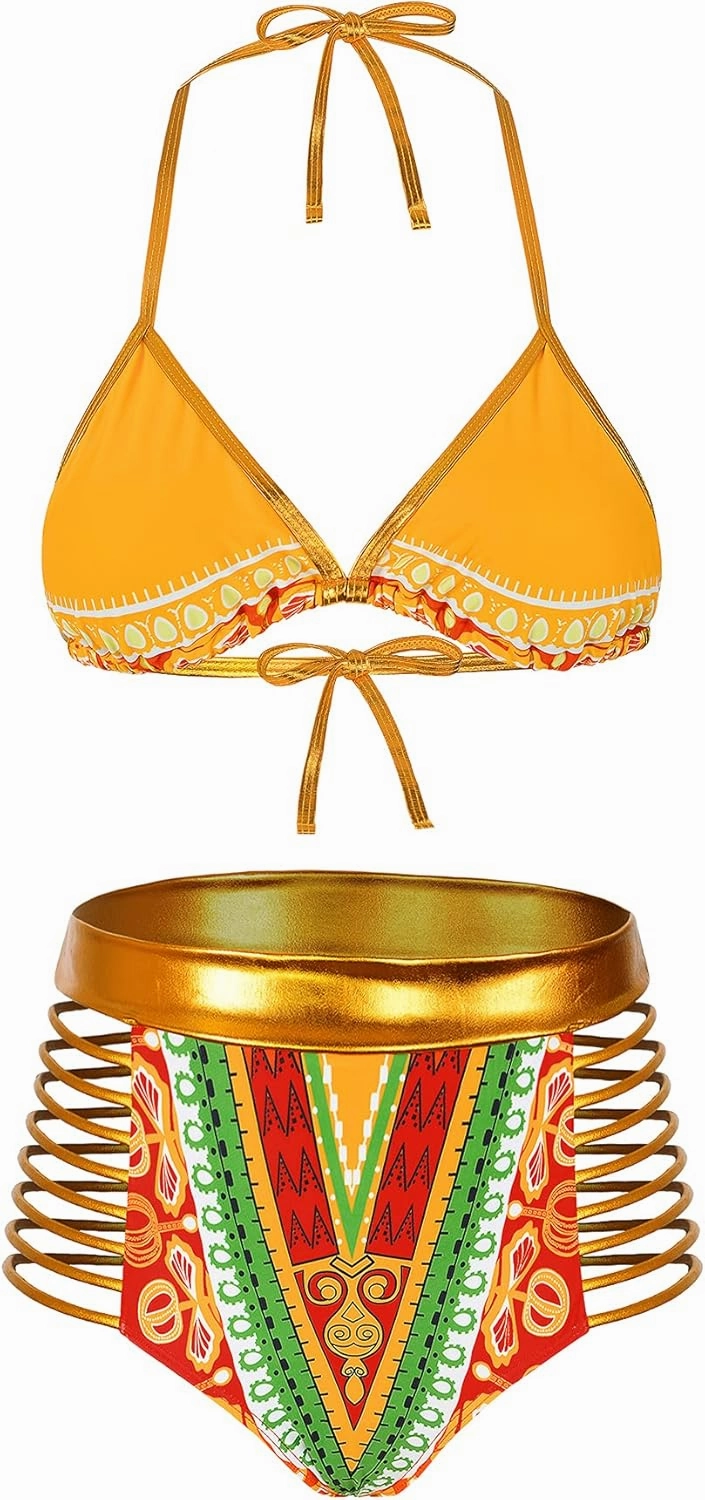 Zando Women Tribal Print Bikini African Metallic Swimsuit Two Piece Beachwear Cutout Halter Neck Bathing Suit Swimwear