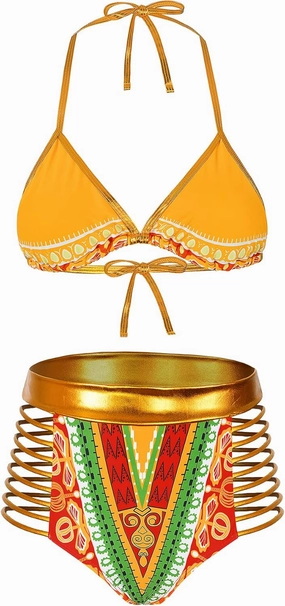 Zando Women Tribal Print Bikini African Metallic Swimsuit Two Piece Beachwear Cutout Halter Neck Bathing Suit Swimwear