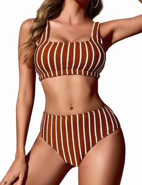 Zilcremo Women High Waist Bikini Sets Sporty Two Piece Swimsuits Striped Ribbed Cheeky High Cut Bathing Suits Swimwear