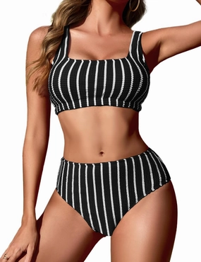 Zilcremo Women High Waist Bikini Sets Sporty Two Piece Swimsuits Striped Ribbed Cheeky High Cut Bathing Suits Swimwear