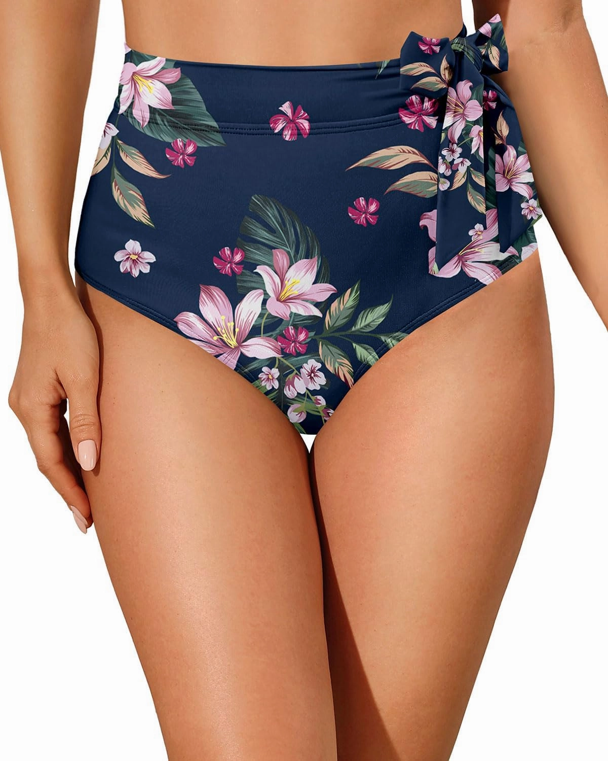 Zmart High Waisted Bikini Bottoms - Women's Full Coverage Bathing Suit Tummy Control Swimsuit with Tie Side Knot Bottom