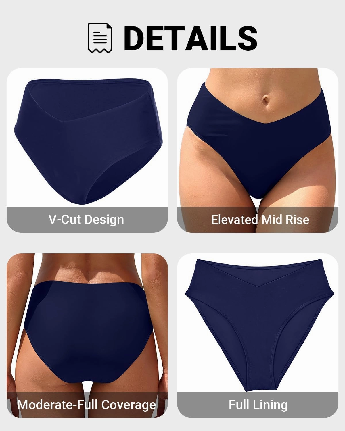 Zmart Mid Rise Bikini Bottoms - Women's Moderate-Full Coverage Bathing Suit V Cut Swimsuit Bottom