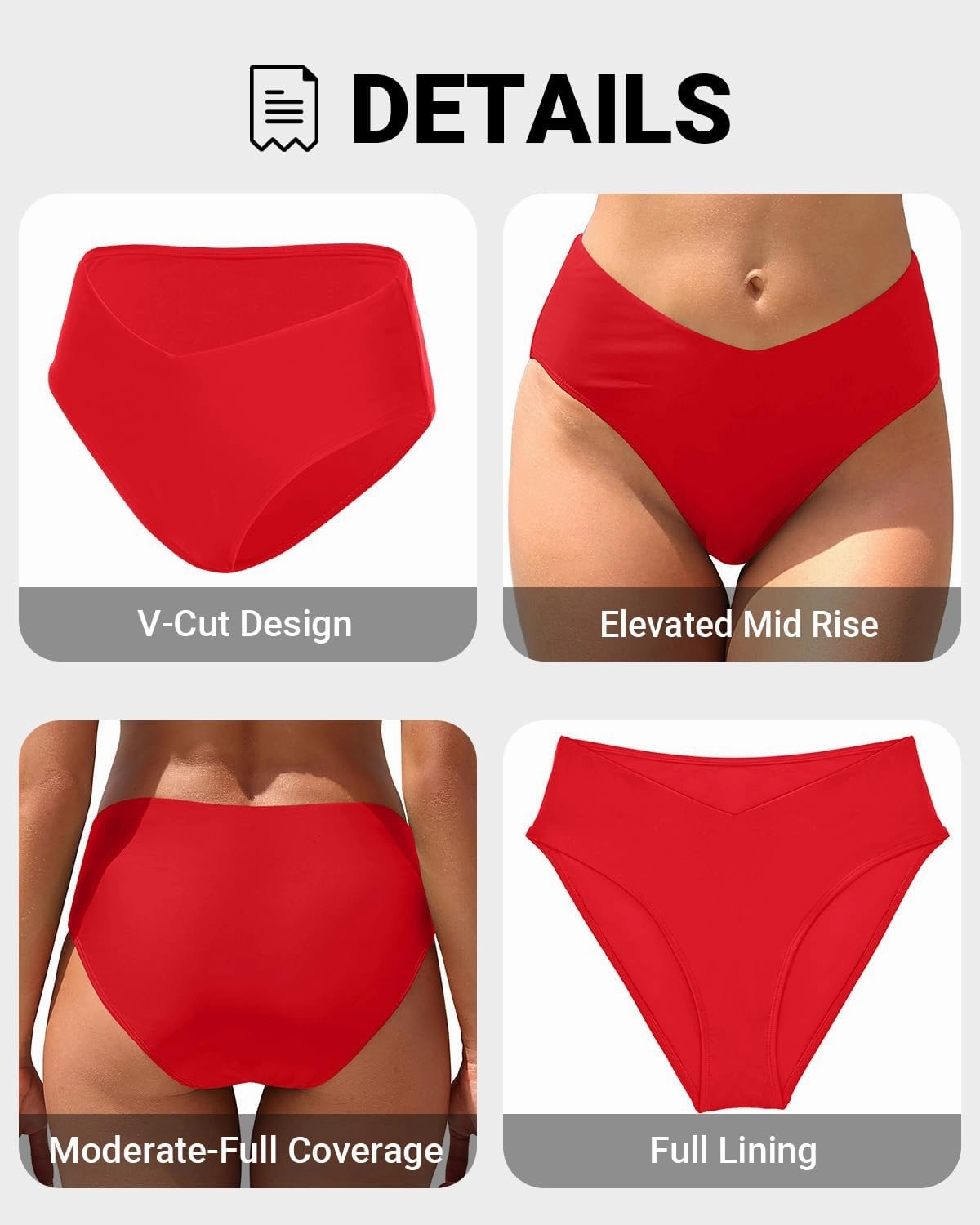 Zmart Mid Rise Bikini Bottoms - Women's Moderate-Full Coverage Bathing Suit V Cut Swimsuit Bottom