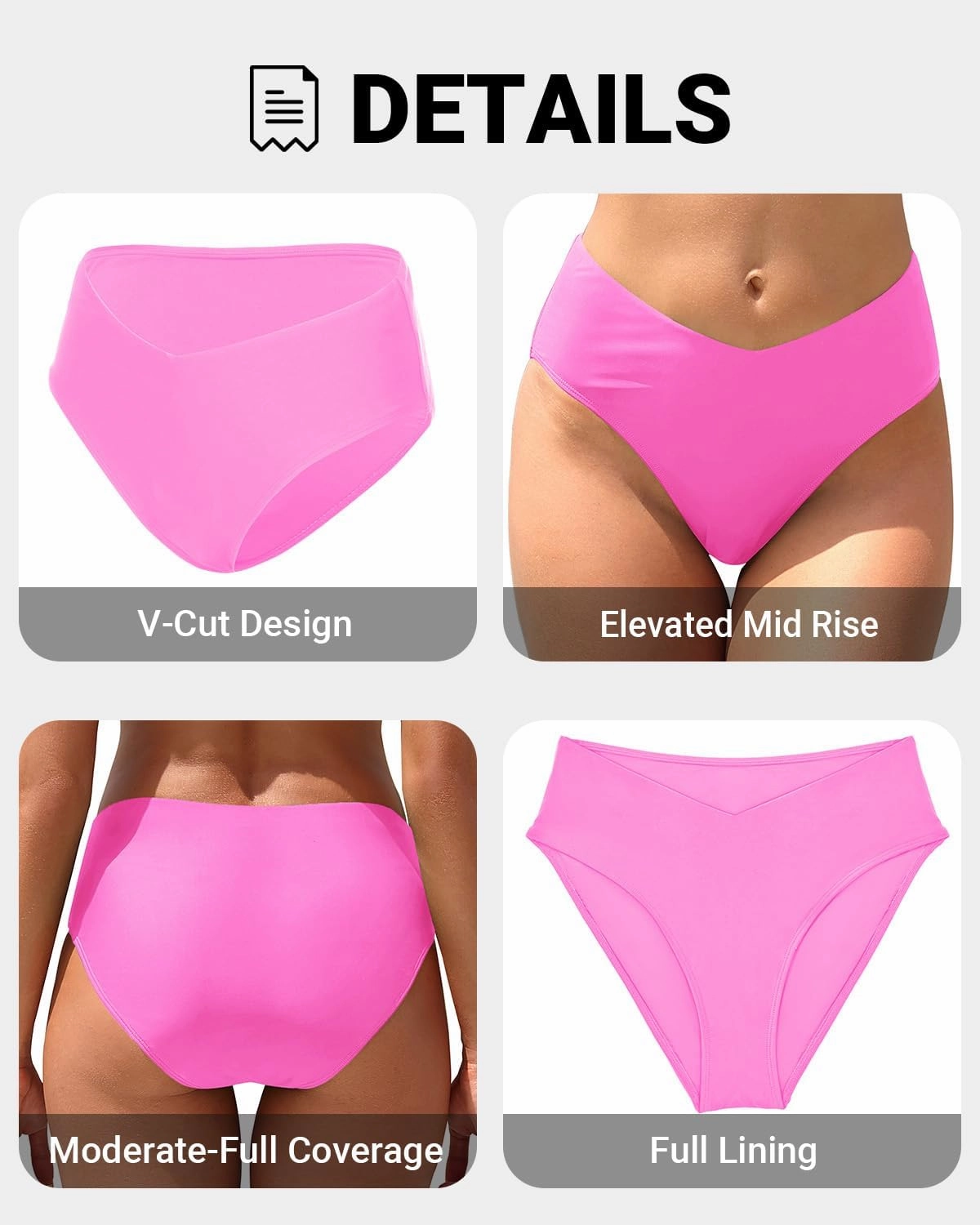 Zmart Mid Rise Bikini Bottoms - Women's Moderate-Full Coverage Bathing Suit V Cut Swimsuit Bottom
