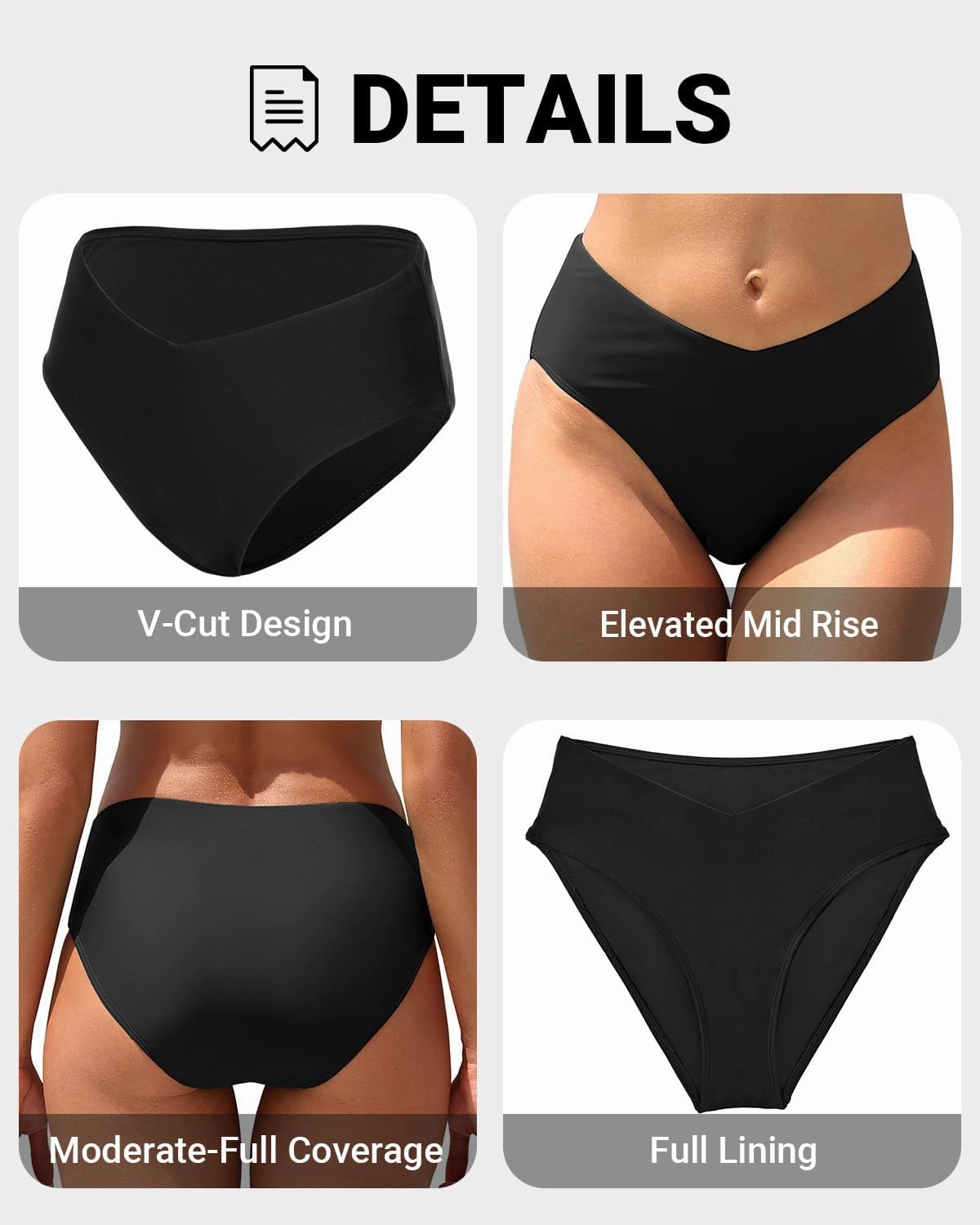 Zmart Mid Rise Bikini Bottoms - Women's Moderate-Full Coverage Bathing Suit V Cut Swimsuit Bottom