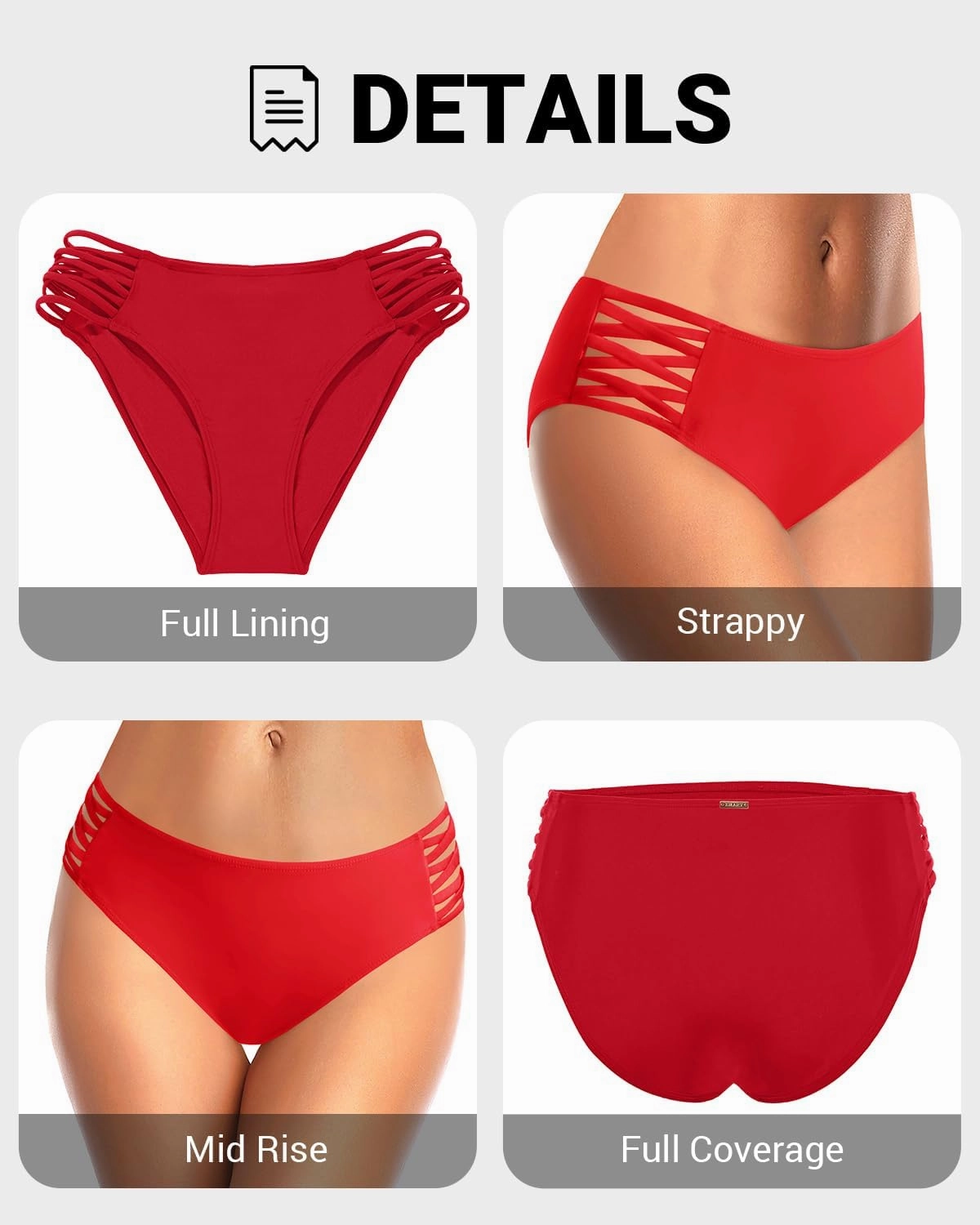 Zmart Strappy Bikini Bottoms - Women's Full Coverage Bathing Suit Mid Waist Swimsuit Bottom