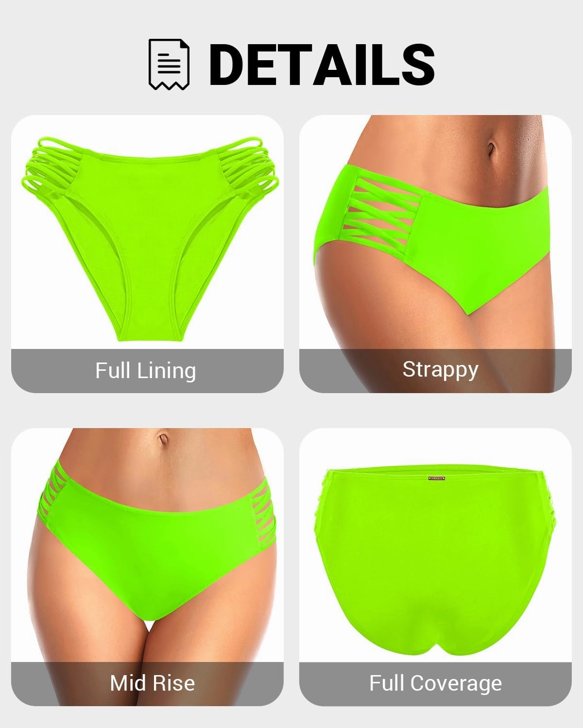 Zmart Strappy Bikini Bottoms - Women's Full Coverage Bathing Suit Mid Waist Swimsuit Bottom