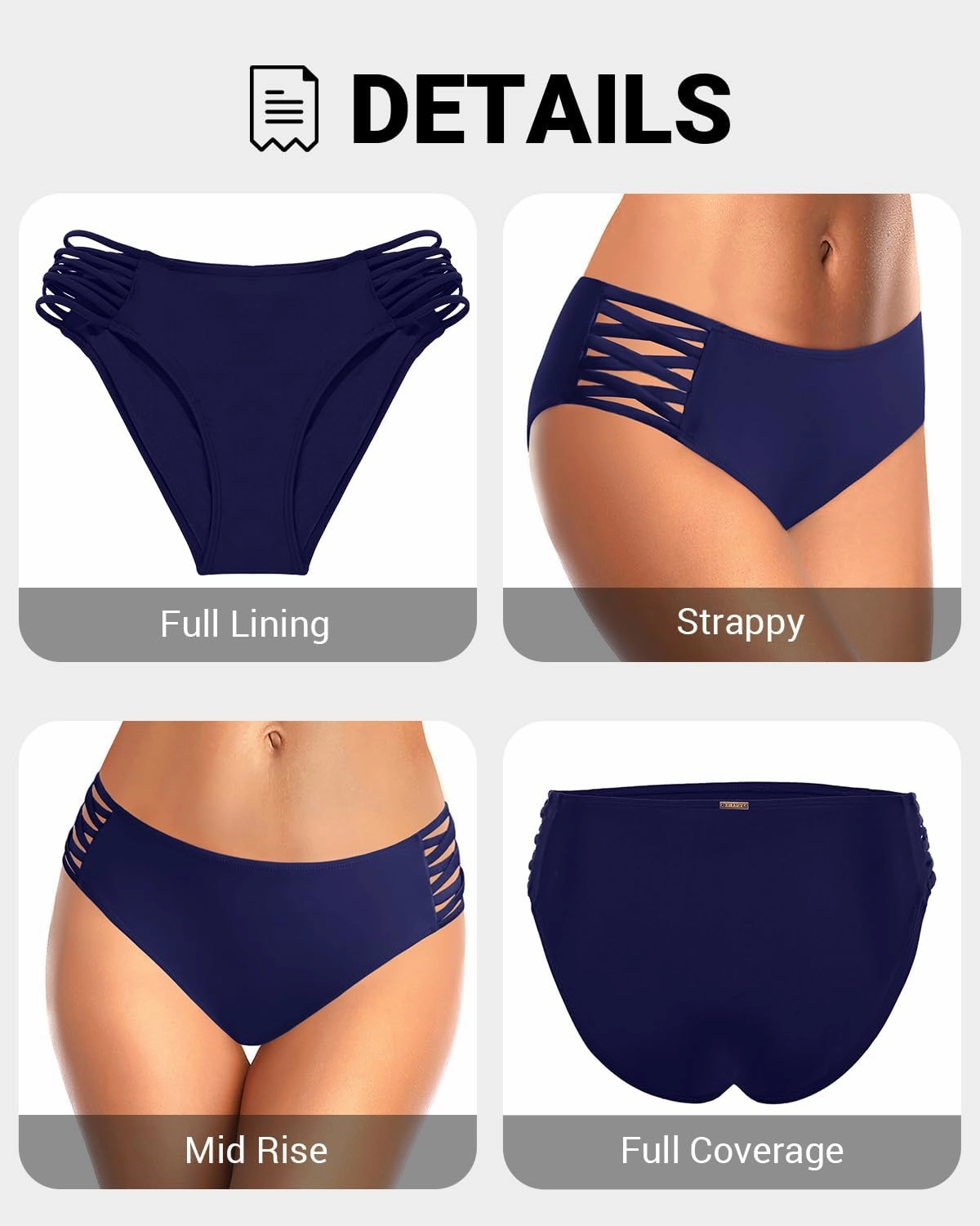 Zmart Strappy Bikini Bottoms - Women's Full Coverage Bathing Suit Mid Waist Swimsuit Bottom